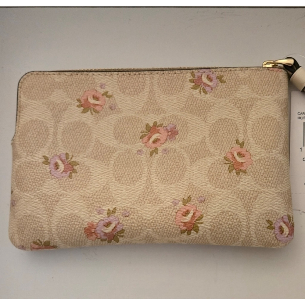 Coach Corner Zip Wristlet In Signature Canvas Floral Print Cream And Pink NWT - Picture 5 of 8